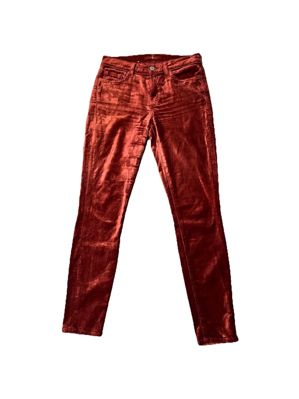 7 For All Mankind Velvet Skinny Pants in Rust with 5 pocket zip up sz 26